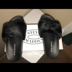 Fluffy Steve Madden slides